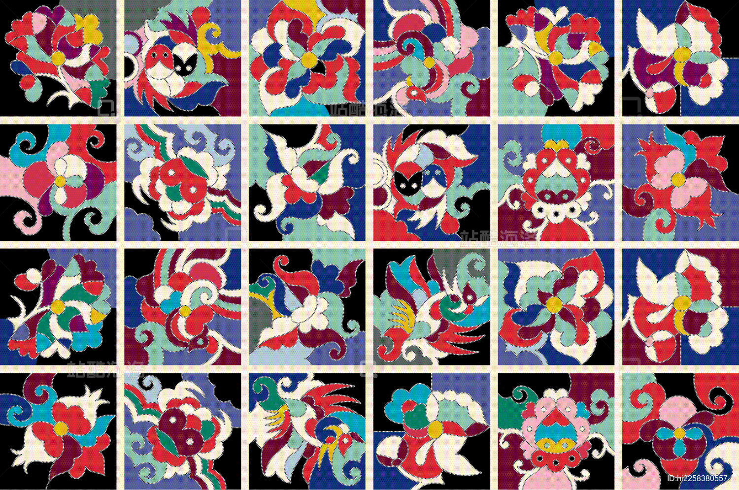 广西壮族拼布被面上的花鸟鱼纹