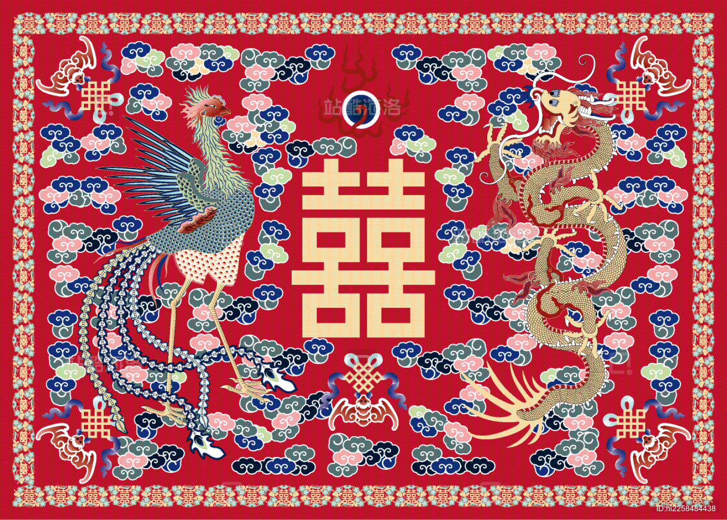 清代红地绣彩毛呢炕毯上的囍字龙凤纹