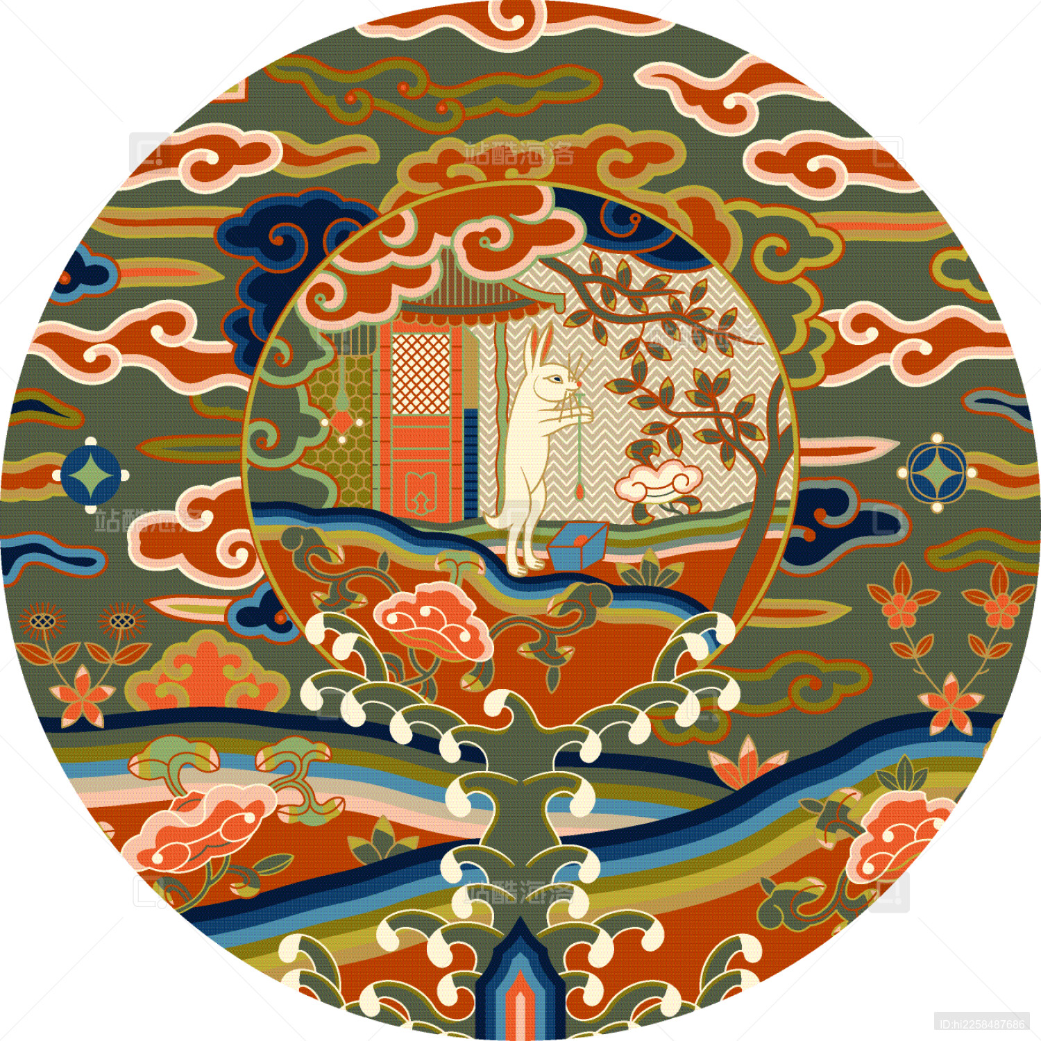 清代刺绣上的玉兔捣药纹