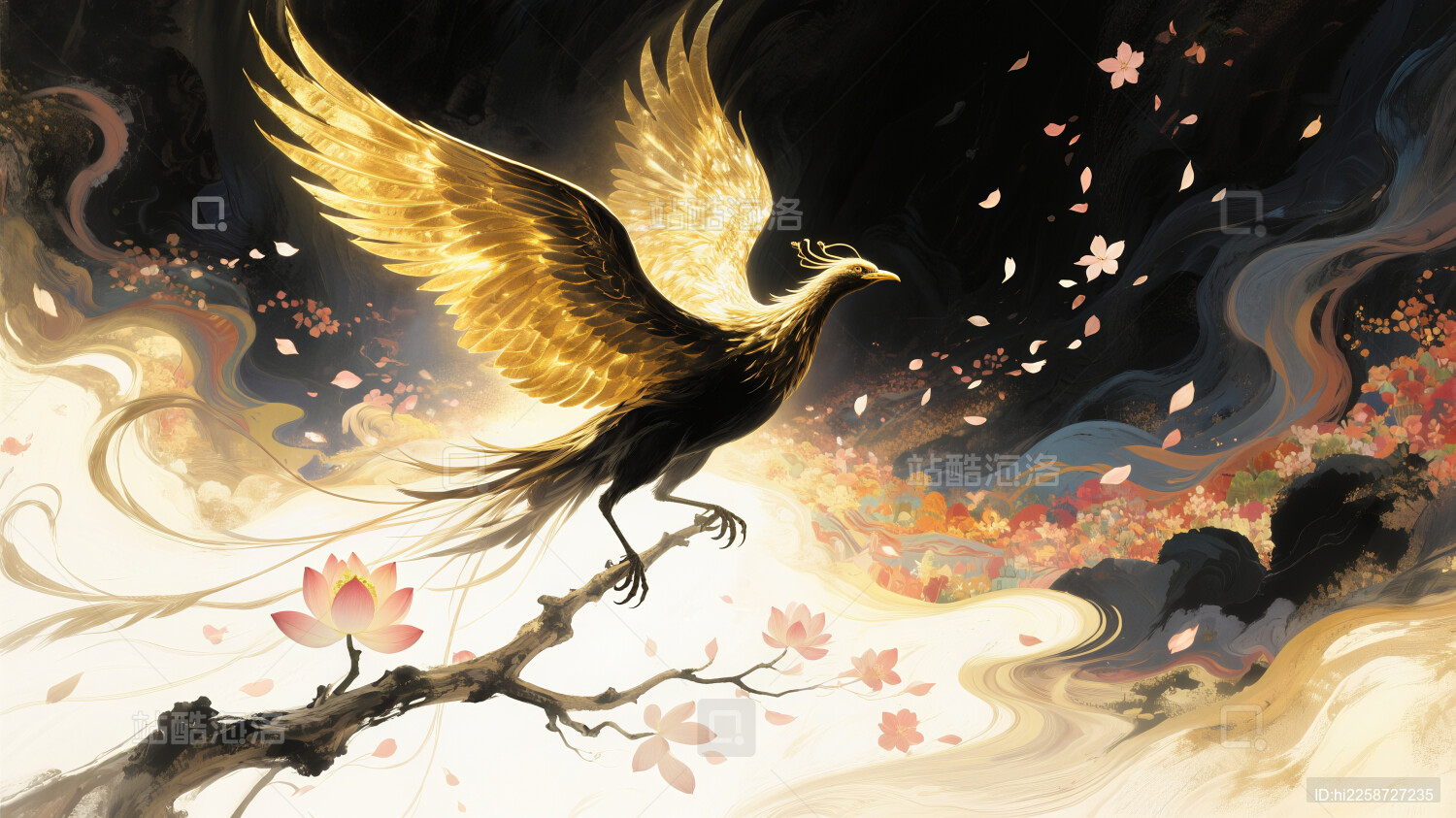 国风金箔流光凤凰黑金撞色水墨油画
