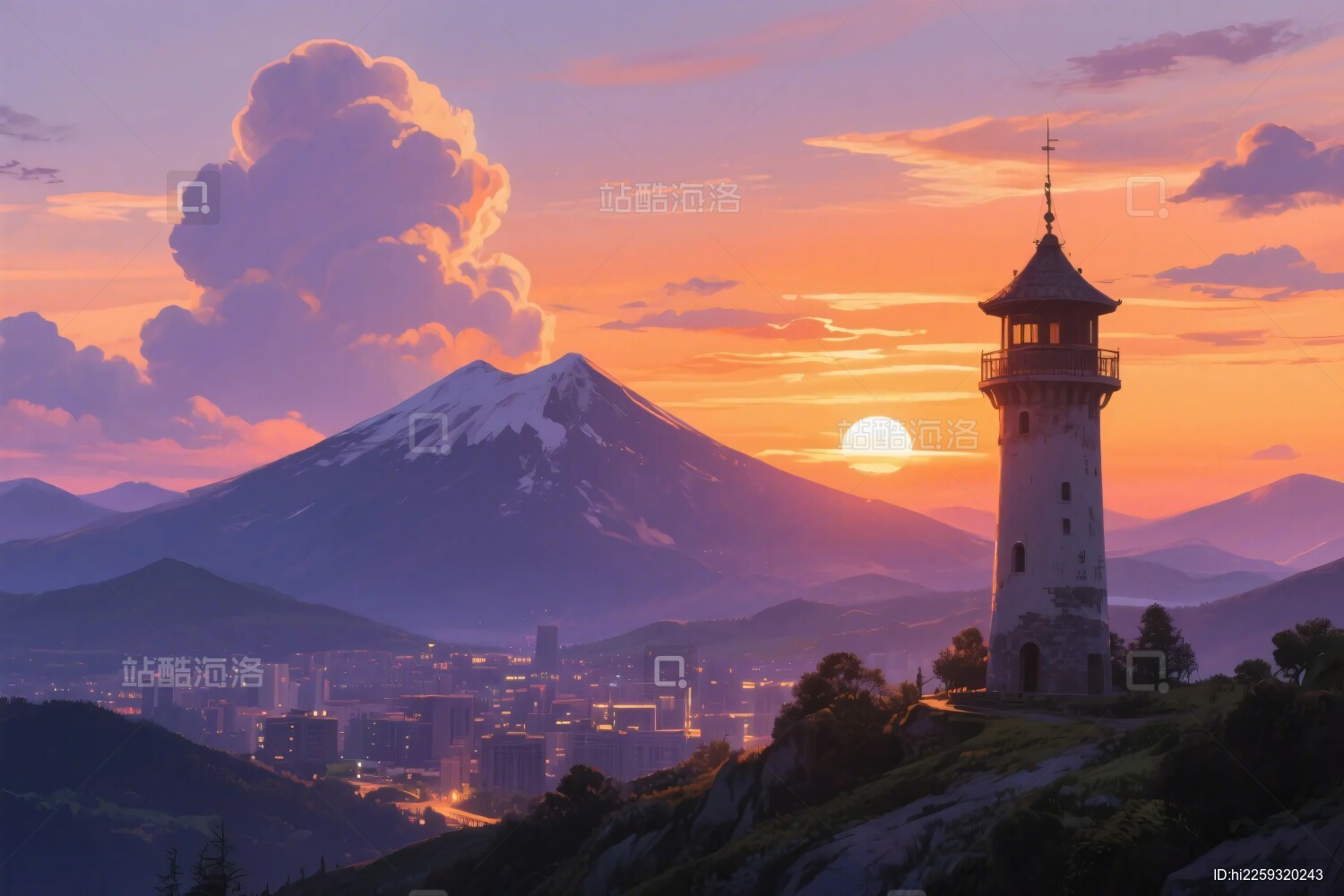 富士山瞭望塔日暮风景插画