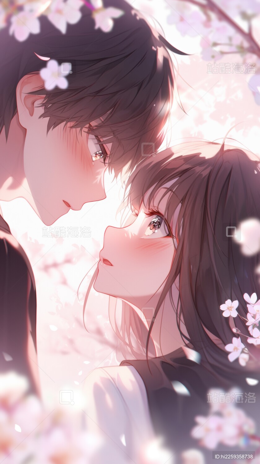 樱花树下情侣深情对视