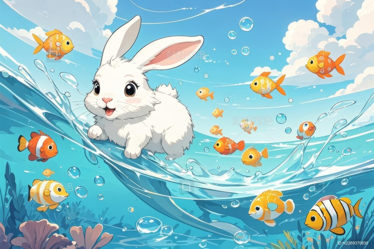 白兔动态感水中跳跃场景