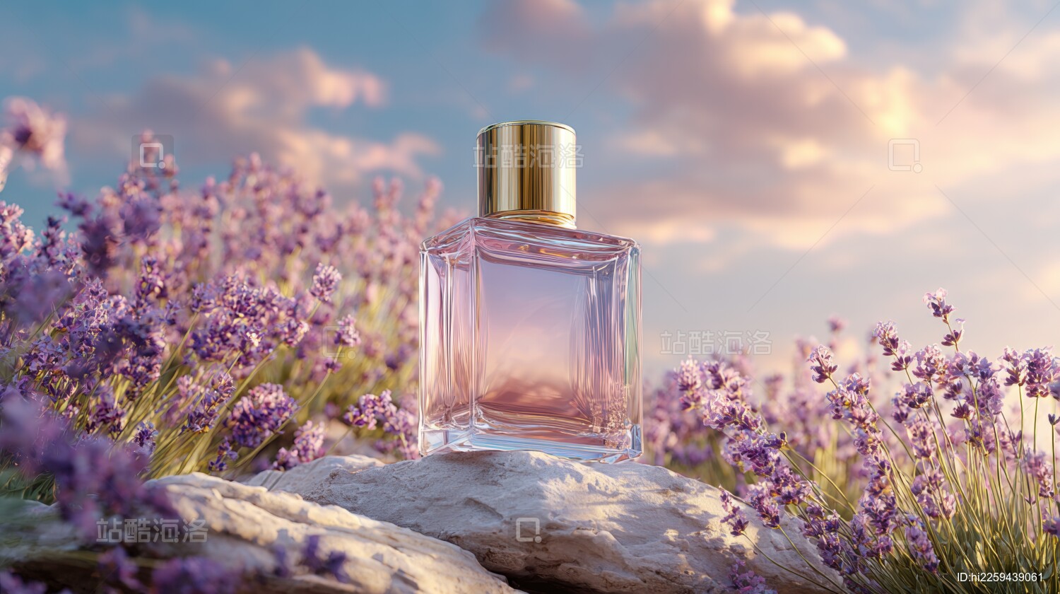 香水瓶置于薰衣草花田中
