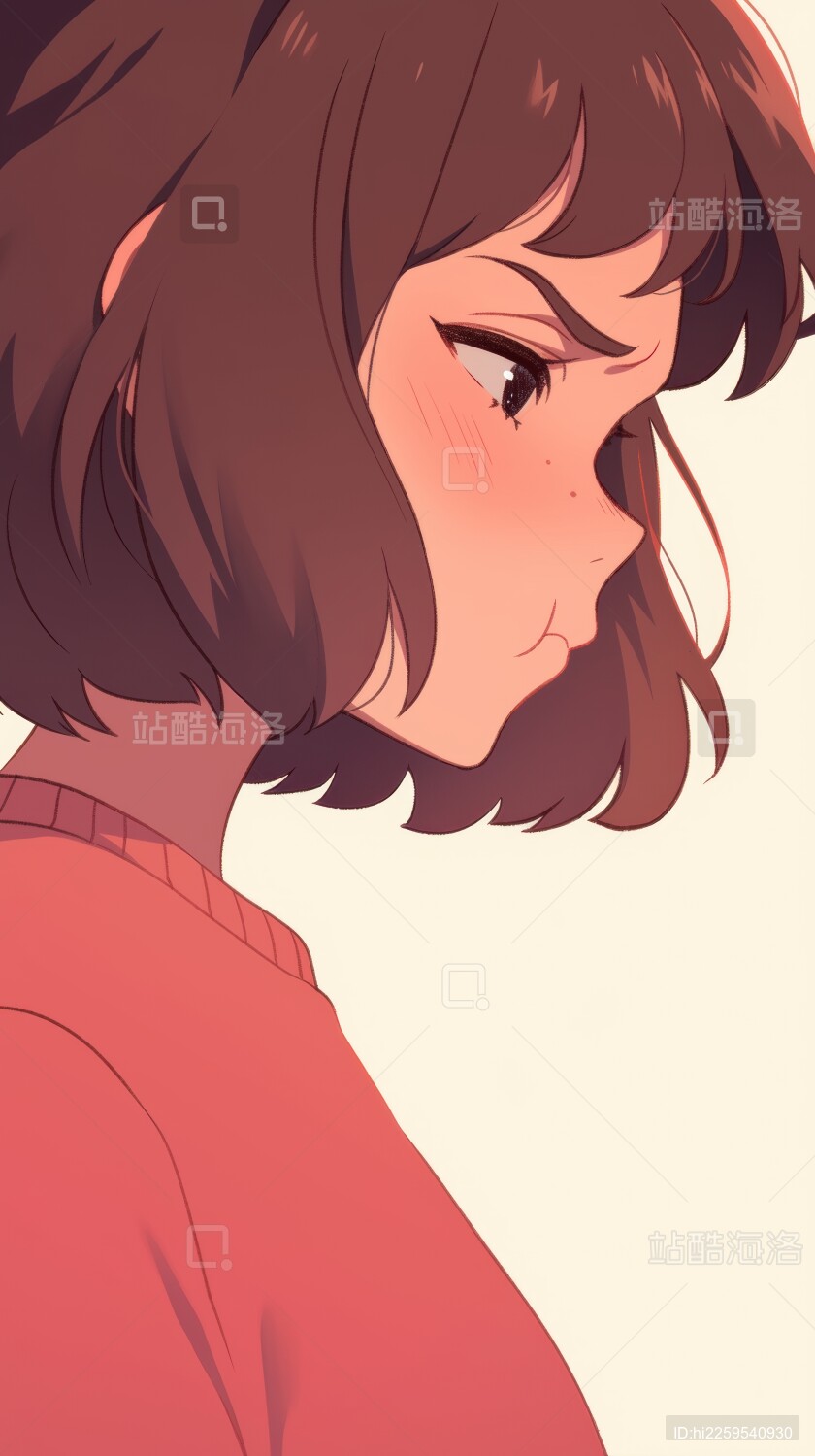 侧脸短发女孩穿着红色上衣