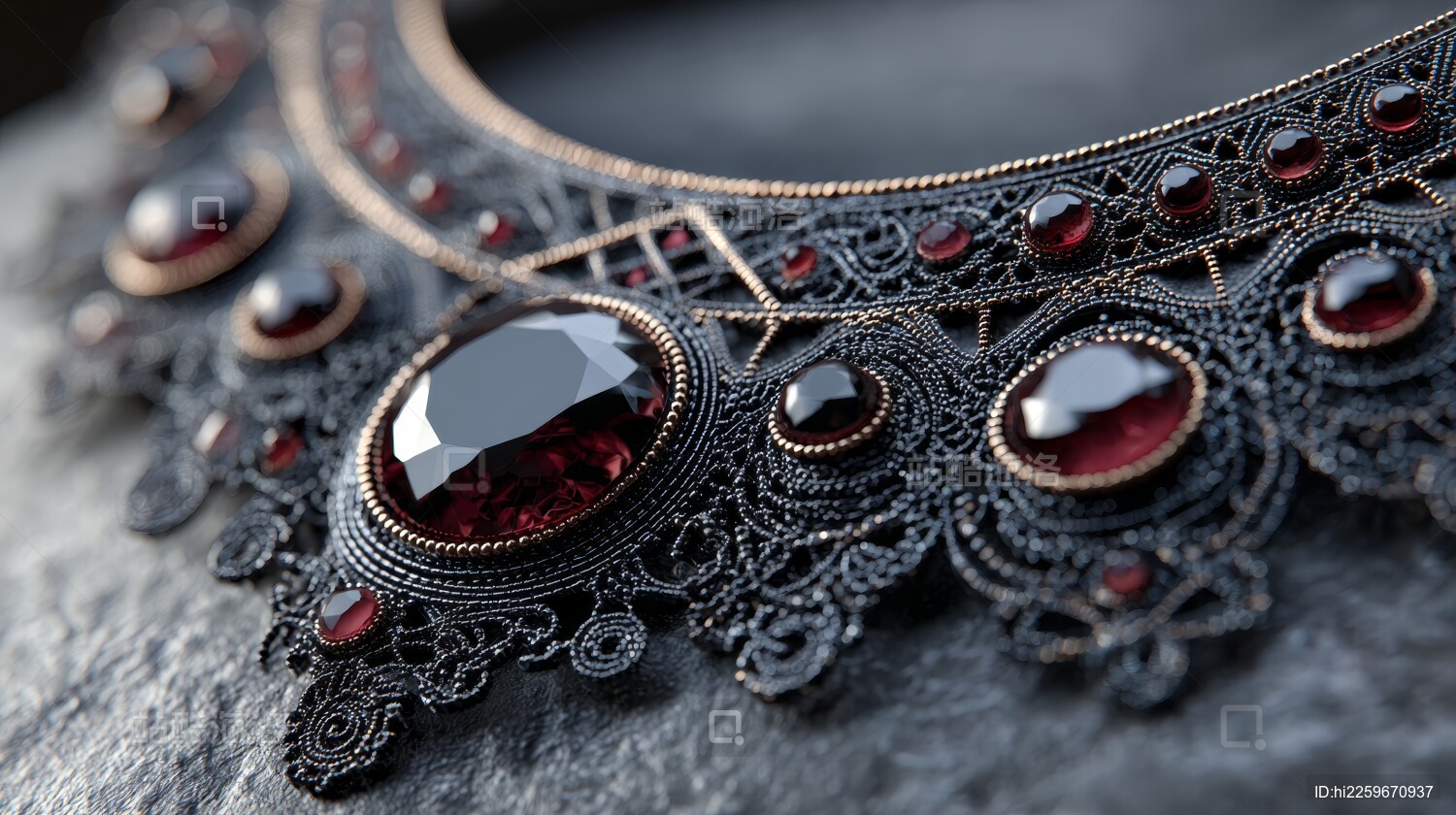 精致黑色蕾丝镶深红色宝石项链