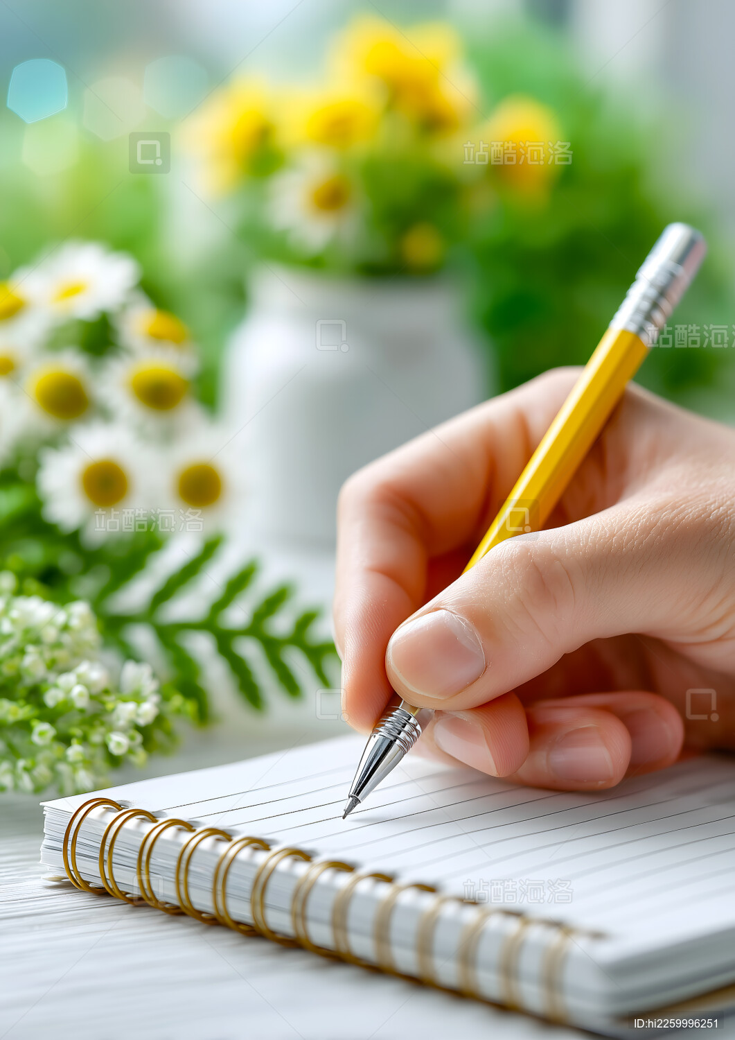 手里拿着笔在记事本上写字