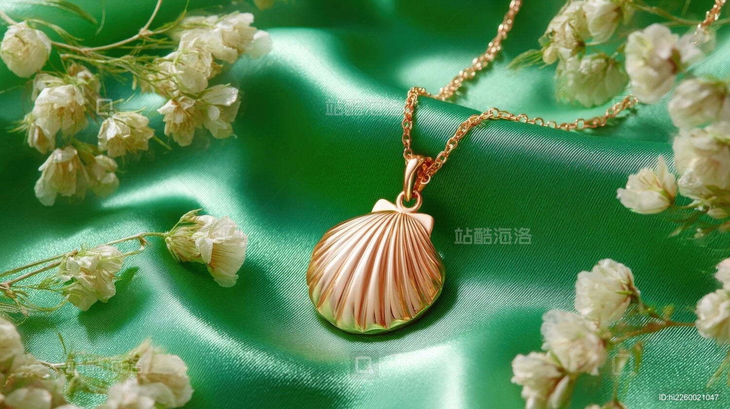 金色贝壳项链绿色背景