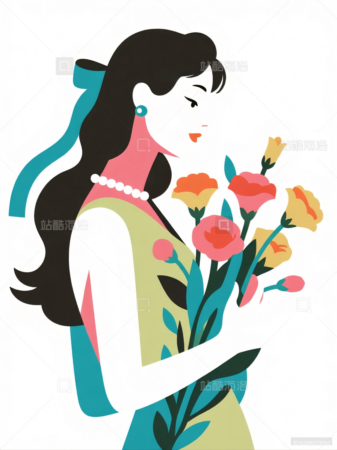 女子手捧鲜花低头凝视