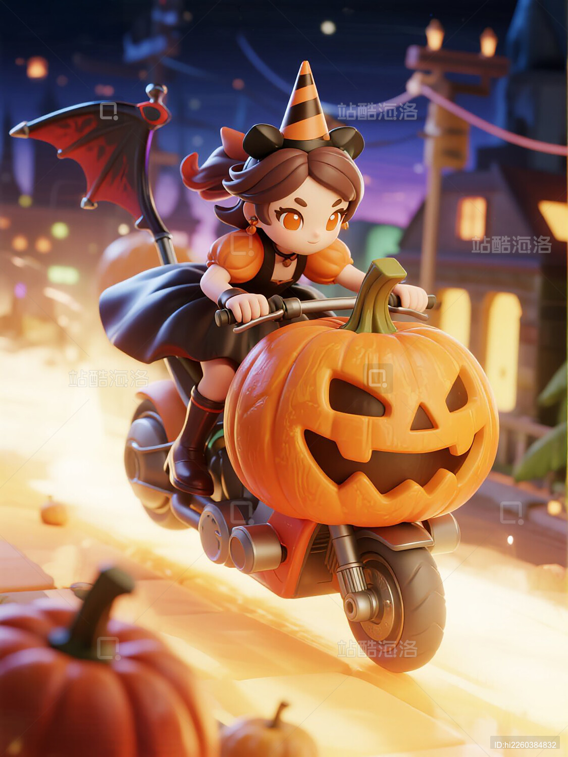 南瓜头女孩骑摩托夜行奇幻城市插画