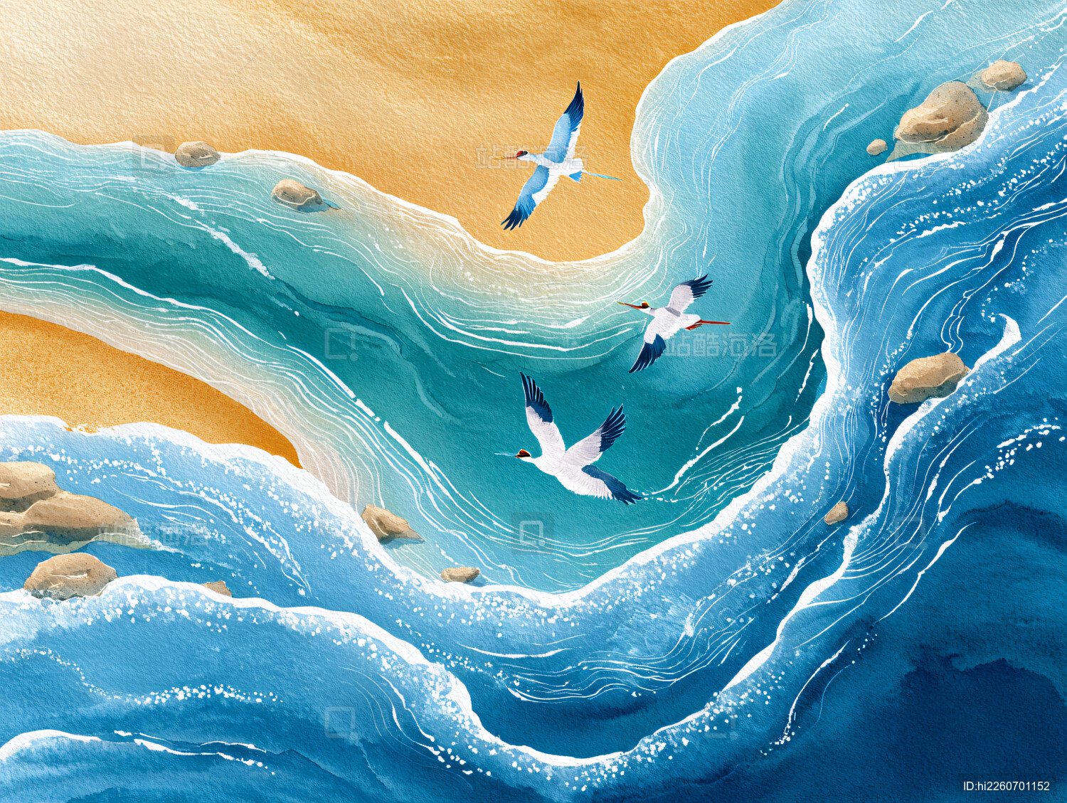 鸟瞰海鸥飞翔在海边沙滩上空手绘水彩插画