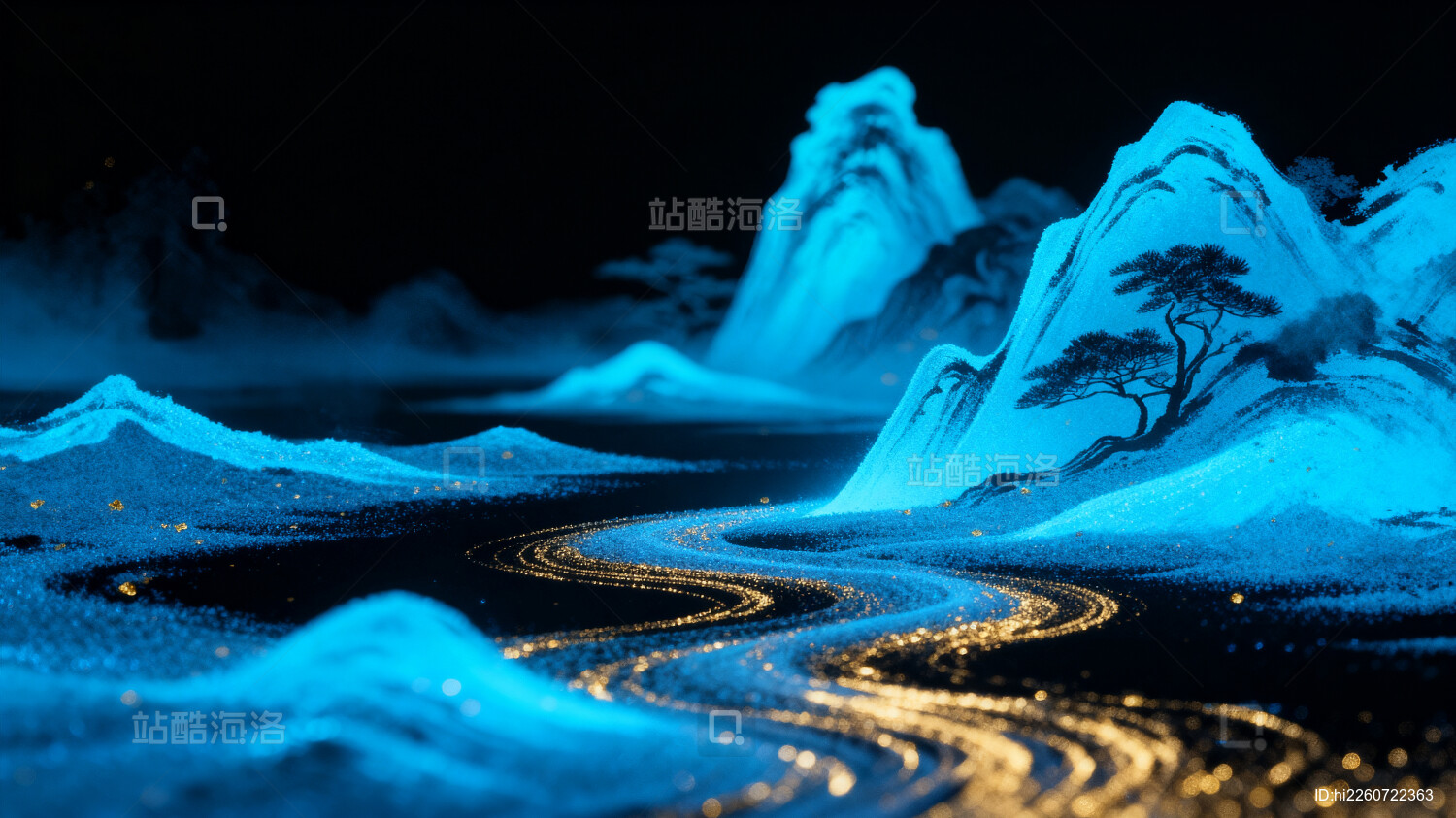 玄幻霓虹蓝色光影山水沙画