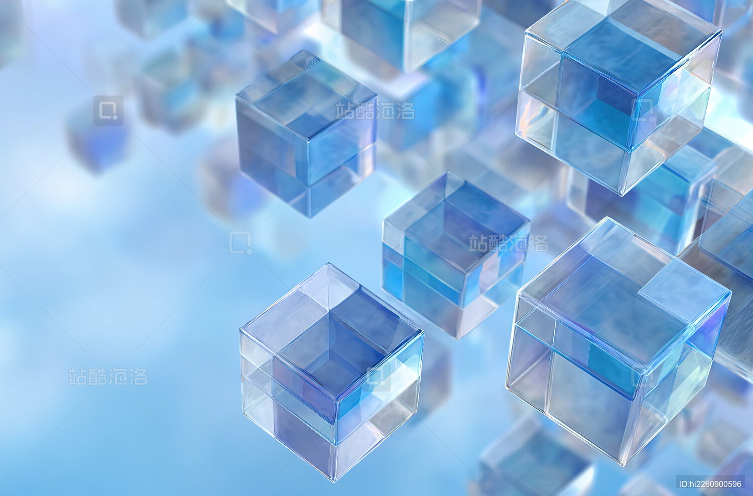 悬浮的透明蓝色立方体