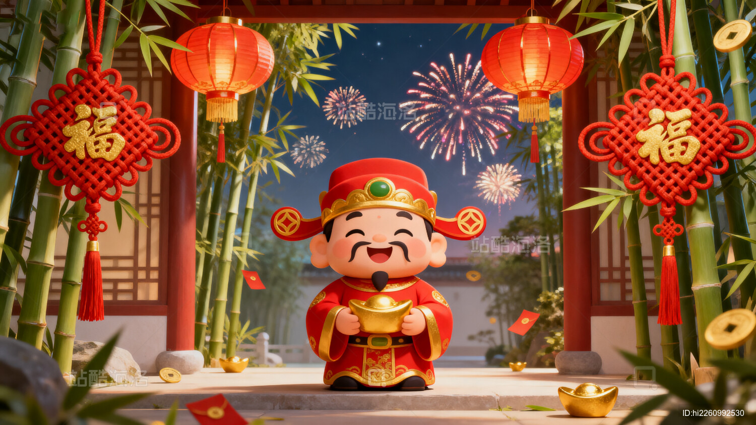 春节喜庆场景财神挂饰烟花
