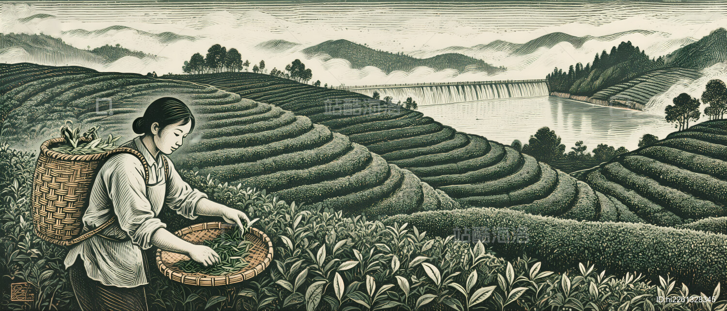 采茶女在茶园劳作