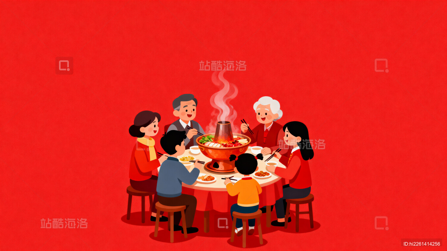 家庭围坐火锅聚餐温馨场景