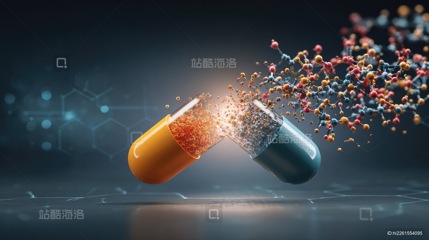 爆炸的黄蓝色药丸胶囊与彩色元素