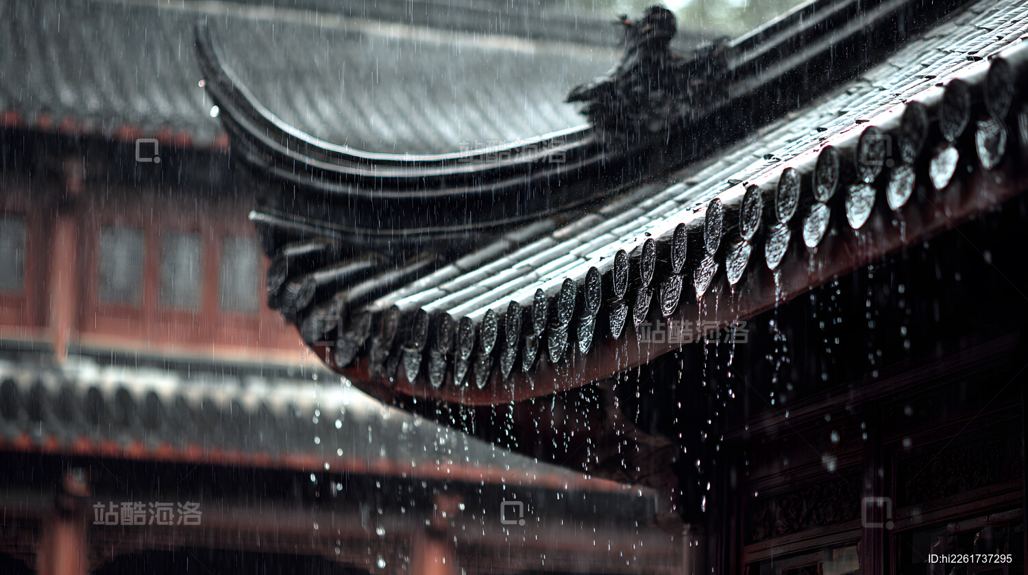 下雨天古建筑屋檐特写