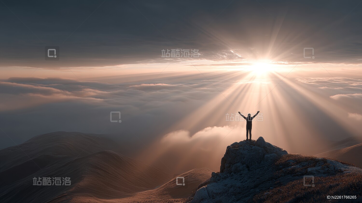 山顶人物与灿烂阳光