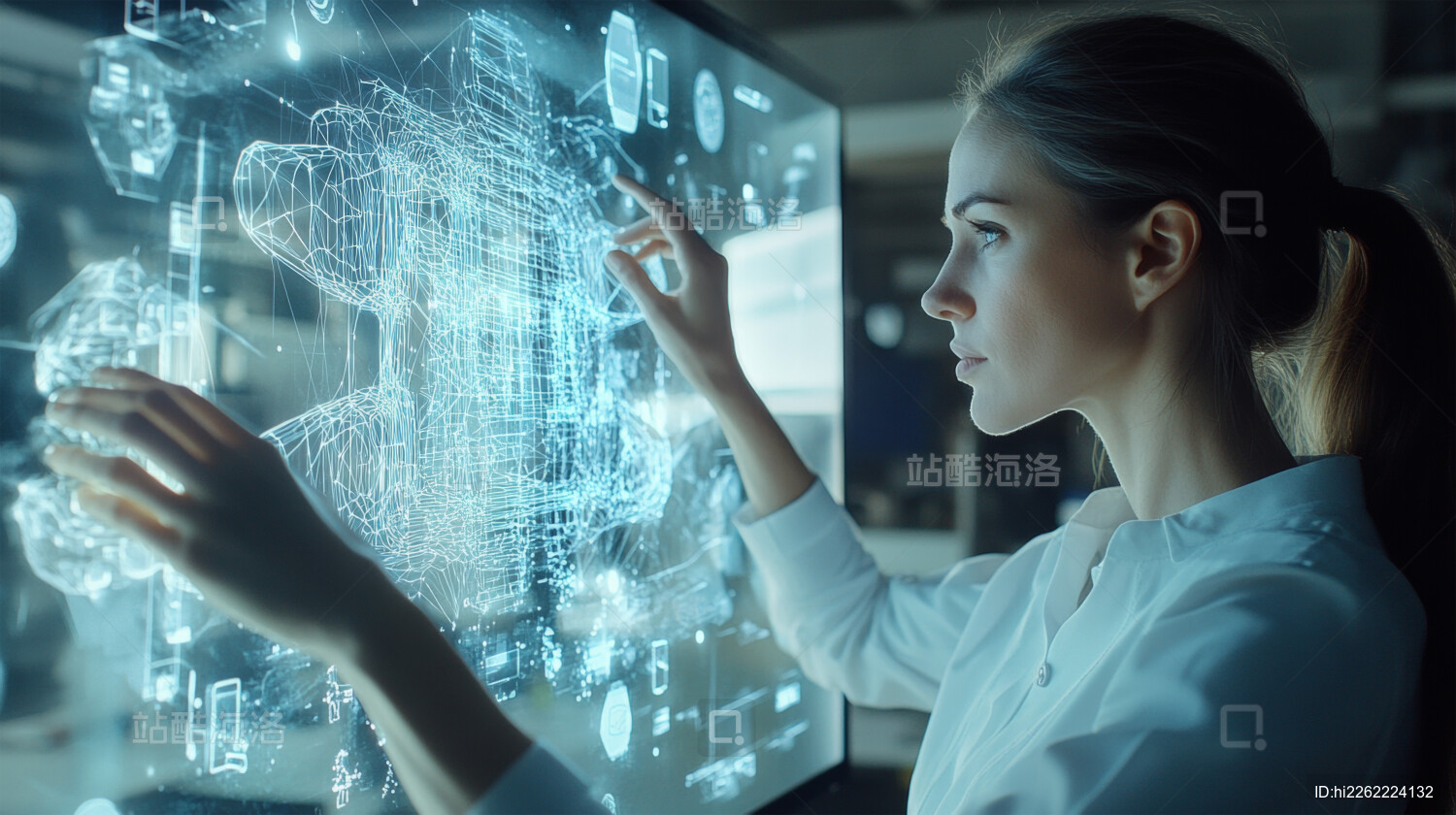 专注的女性工程师操作未来虚拟交互界面