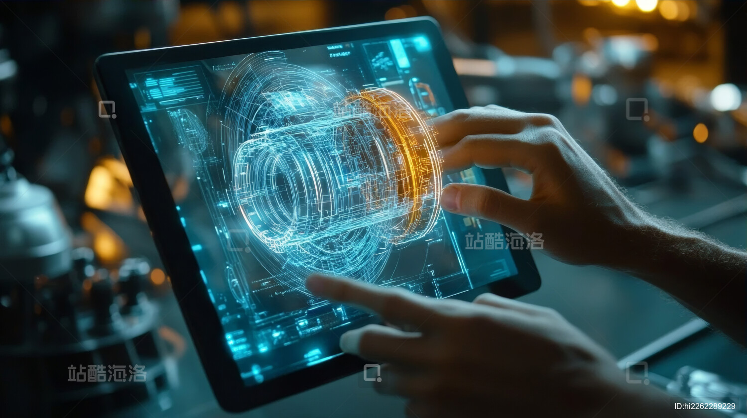 在平板上进行未来科技交互设计的特写 