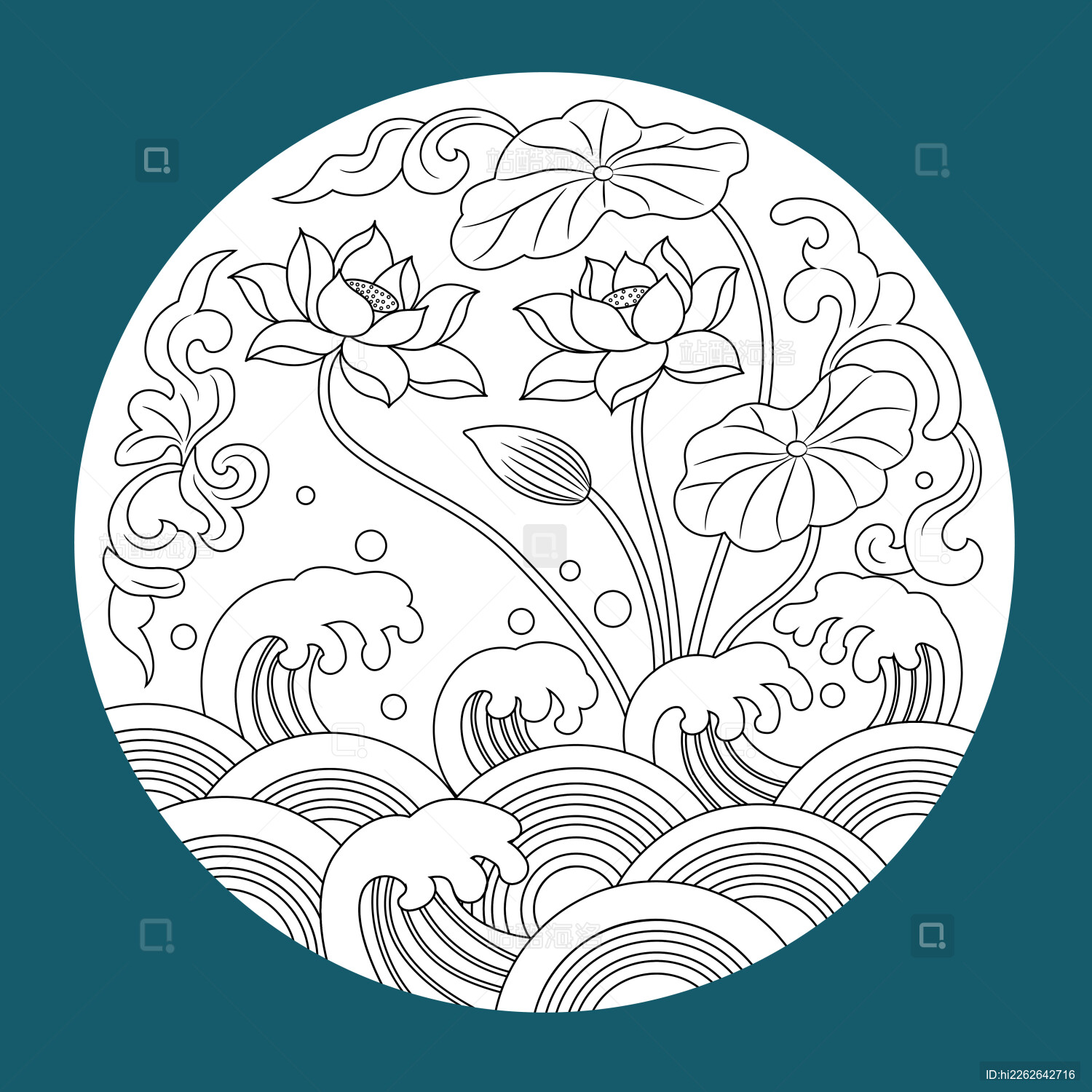 荷花和海浪白描线条