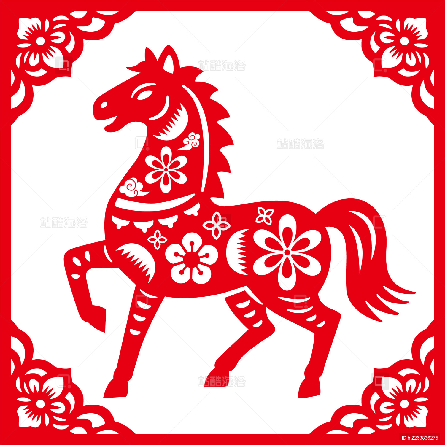 马年红色剪纸风春节新年纹样插画