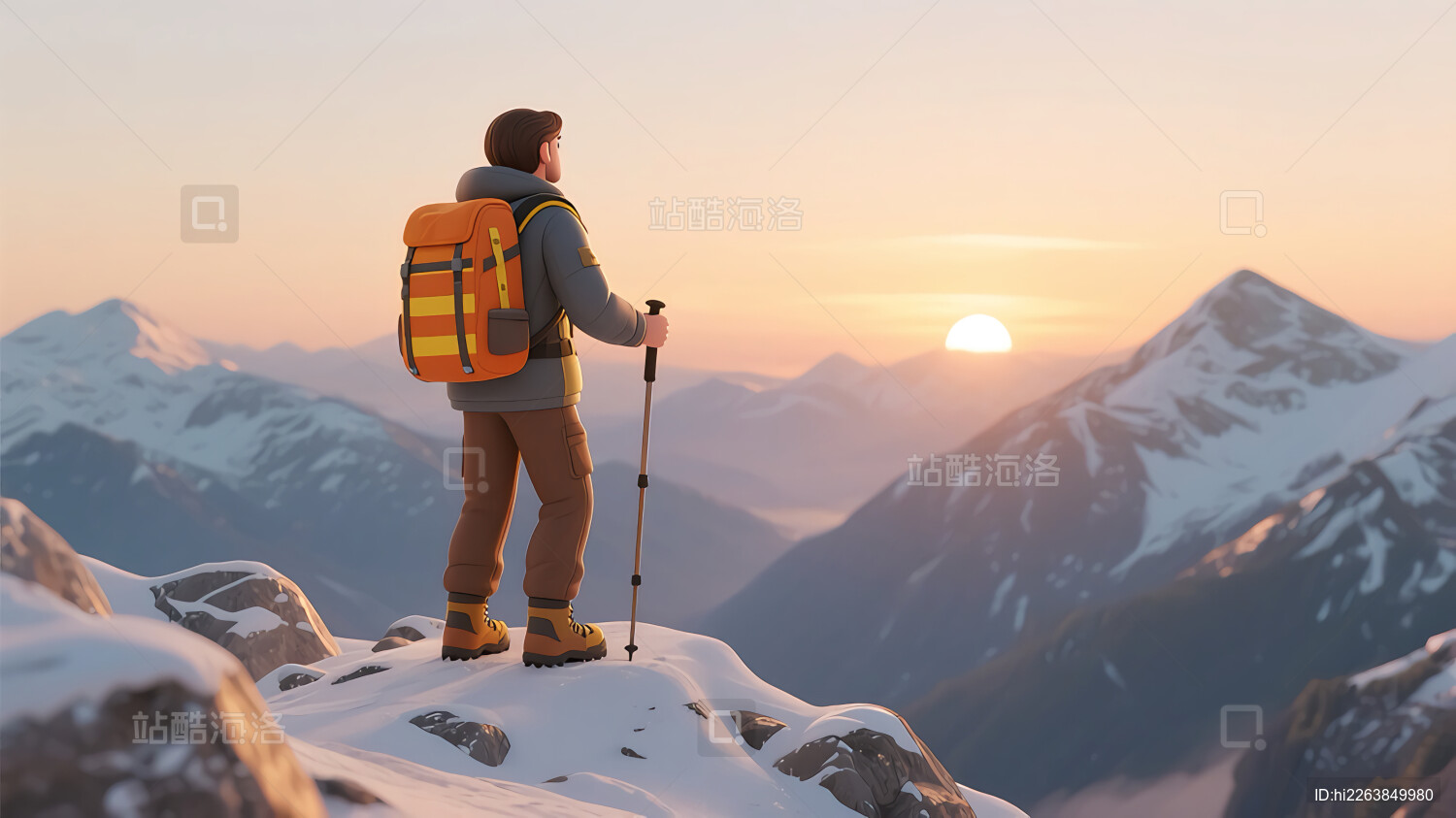 徒步登山卡通人物插画