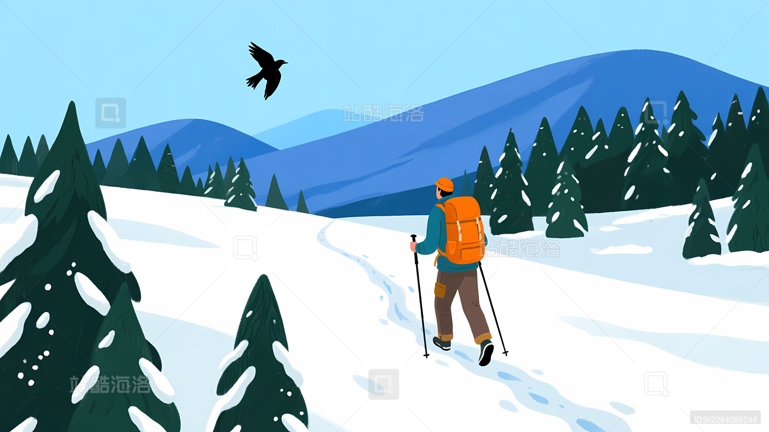 橙衣滑雪者穿行雪径