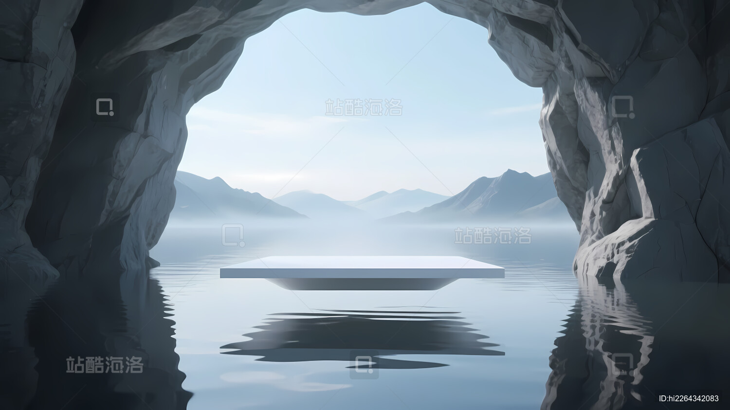 岩石洞穴倒映山水