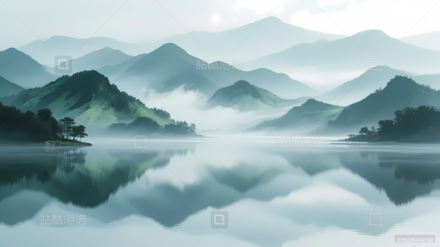 青绿山水倒影画