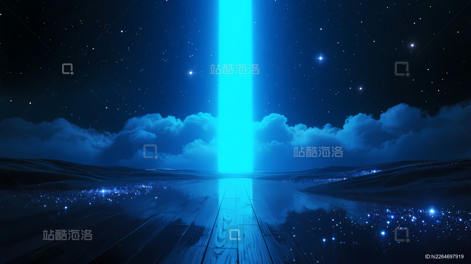 蓝色光束映夜湖