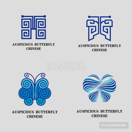 中国古典吉祥图案蝴蝶标志logo素材祥云卷草