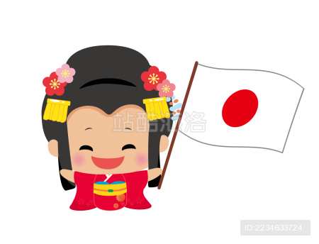 可爱的日本公主和日本国旗。卡通画