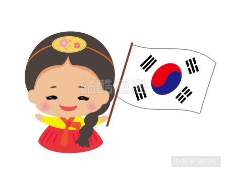 可爱的韩国女孩和韩国国旗。卡通画