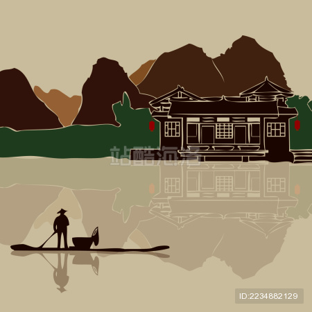 桂林山水 渔舟 倒影 水榭 水墨风景矢量剪影