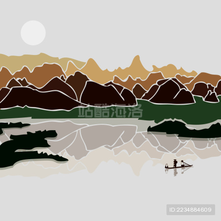 桂林山水 渔舟 倒影 水墨风景矢量剪影