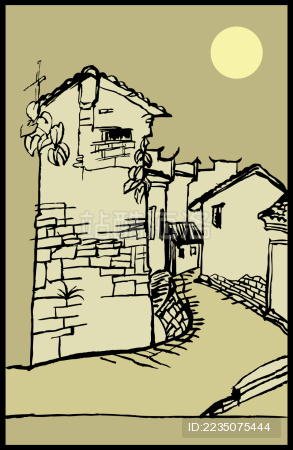 中国古镇建筑 古村落 速写 手绘画 水乡 线稿标志矢量素材