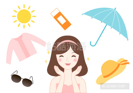 夏天可爱女孩防晒元素矢量插画