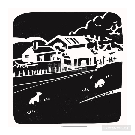 黑白牧场房屋插图版画