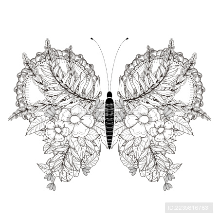 花草组成蝴蝶翅膀成人填色画