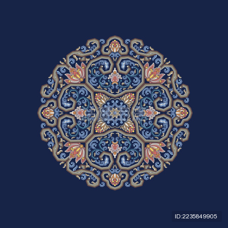 蓝色背景下的中国古典圆形花纹图案