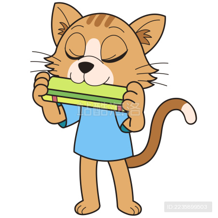 卡通猫咪认真吹奏绿色口琴