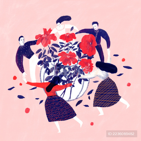 围着鲜花跳舞的欢乐派对男人女人们 插图插画