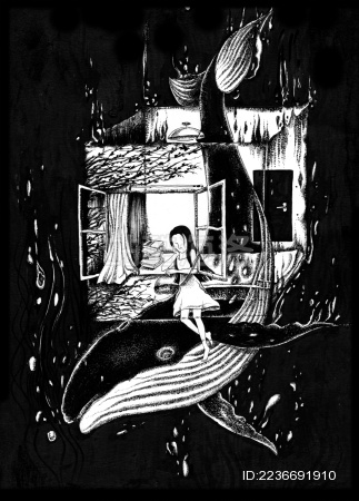黑白插画少女的房间与鲸鱼