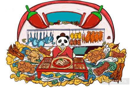 国潮风格熊猫卤味餐饮插画