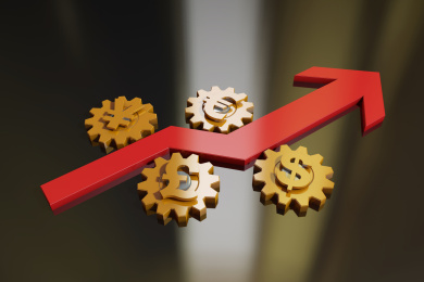 事业发展箭头与货币符号齿轮