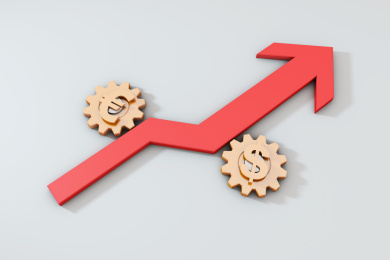 事业发展箭头与欧元美元符号齿轮