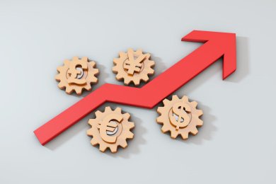 事业发展箭头与货币符号齿轮