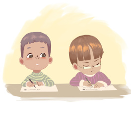 校园/学校/同学/学习/上课/男孩子/同桌/作弊/抄袭/小动作/插画campus schoolclassmatedeskmateexaminationstudy learningcopyCheatin